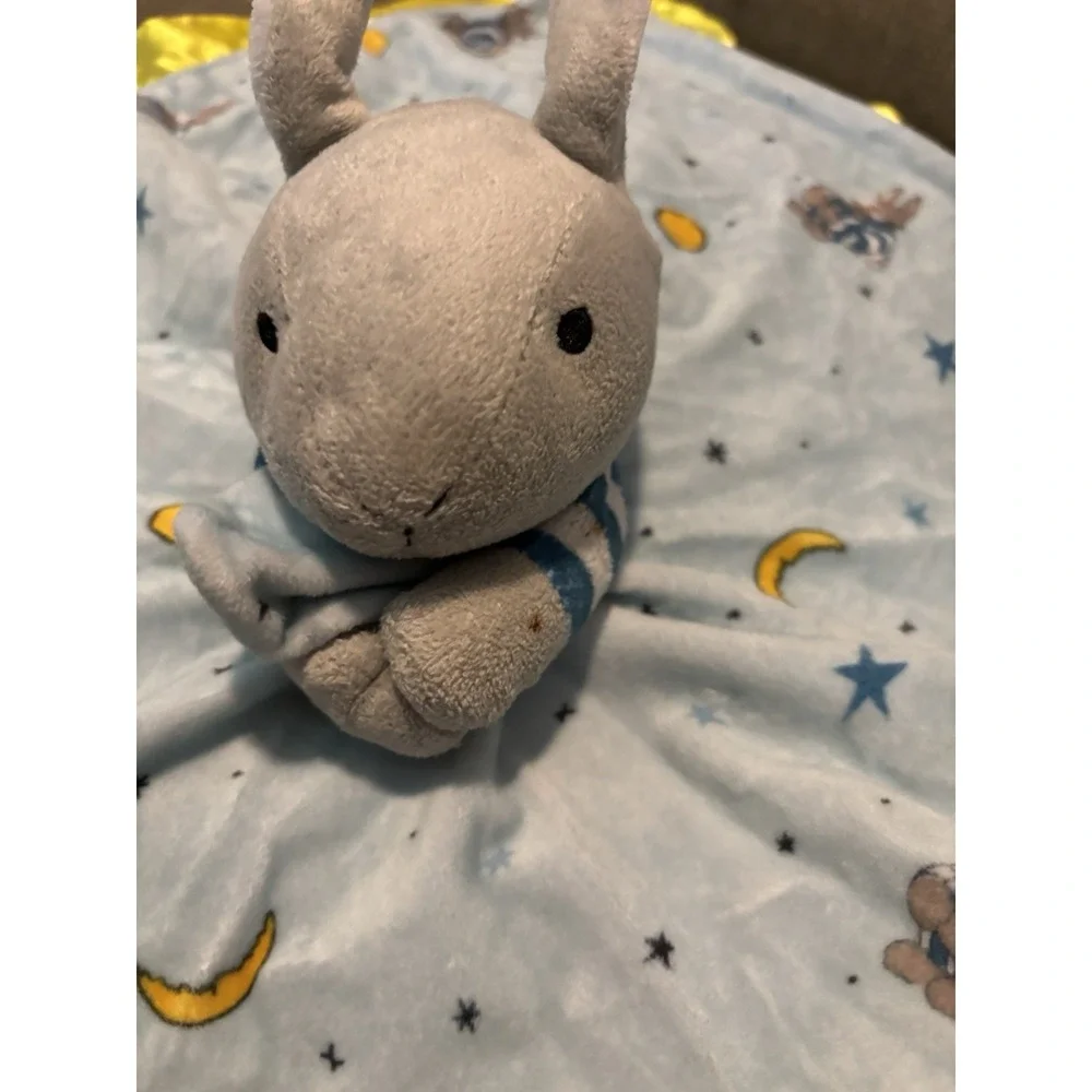 Goodnight Moon Baby Lovey Bunny Security Blanket Blue Yellow Satin Plush Rabbit